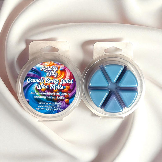 Wax melt container with blue melts and colorful label on a white background