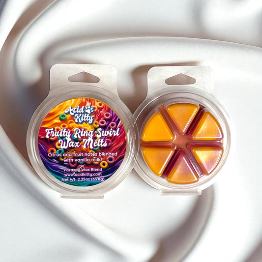 Fruity ring swirl wax melts packaging with colorful label on a white background