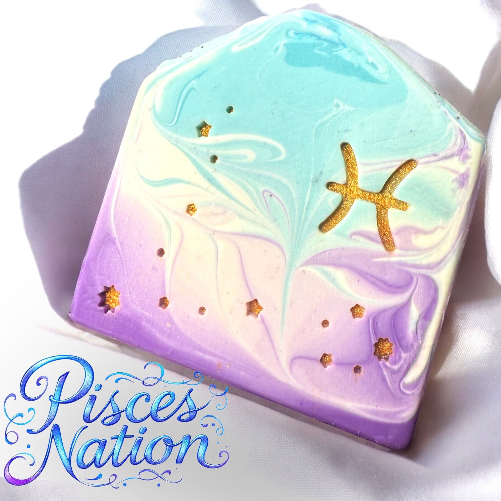 A bar of soap with purple and lavender swirls, featuring gold stars and the Pisces symbol, with the text 'Pisces Nation' displayed.