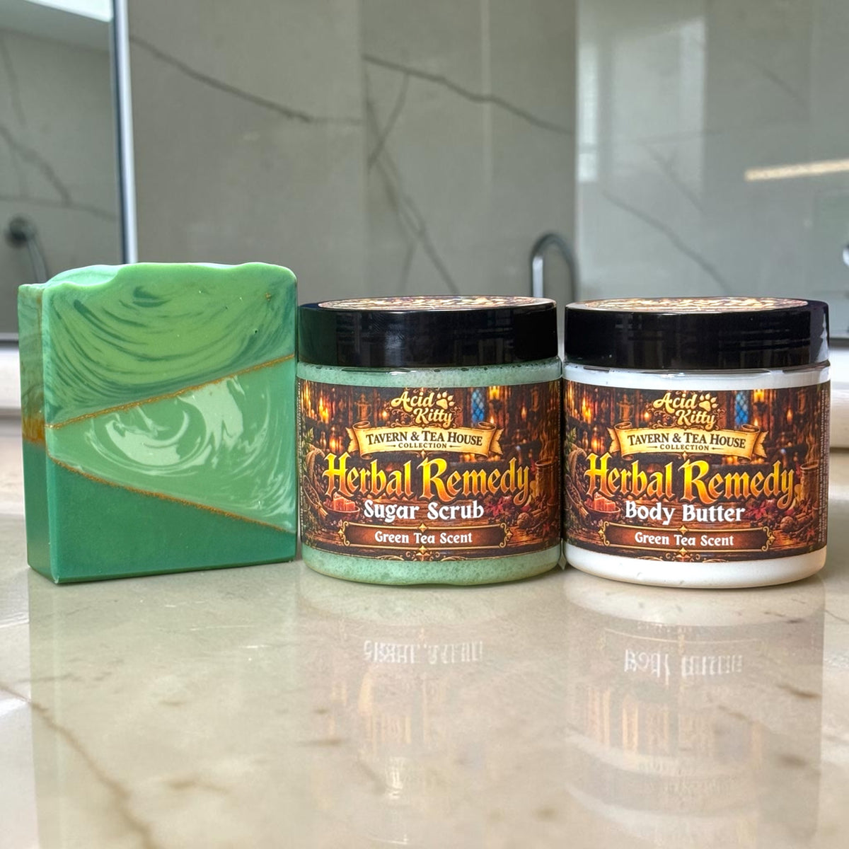 Herbal Remedy Bundle | Green Tea Scented Soap, Sugar Scrub & Body Butter