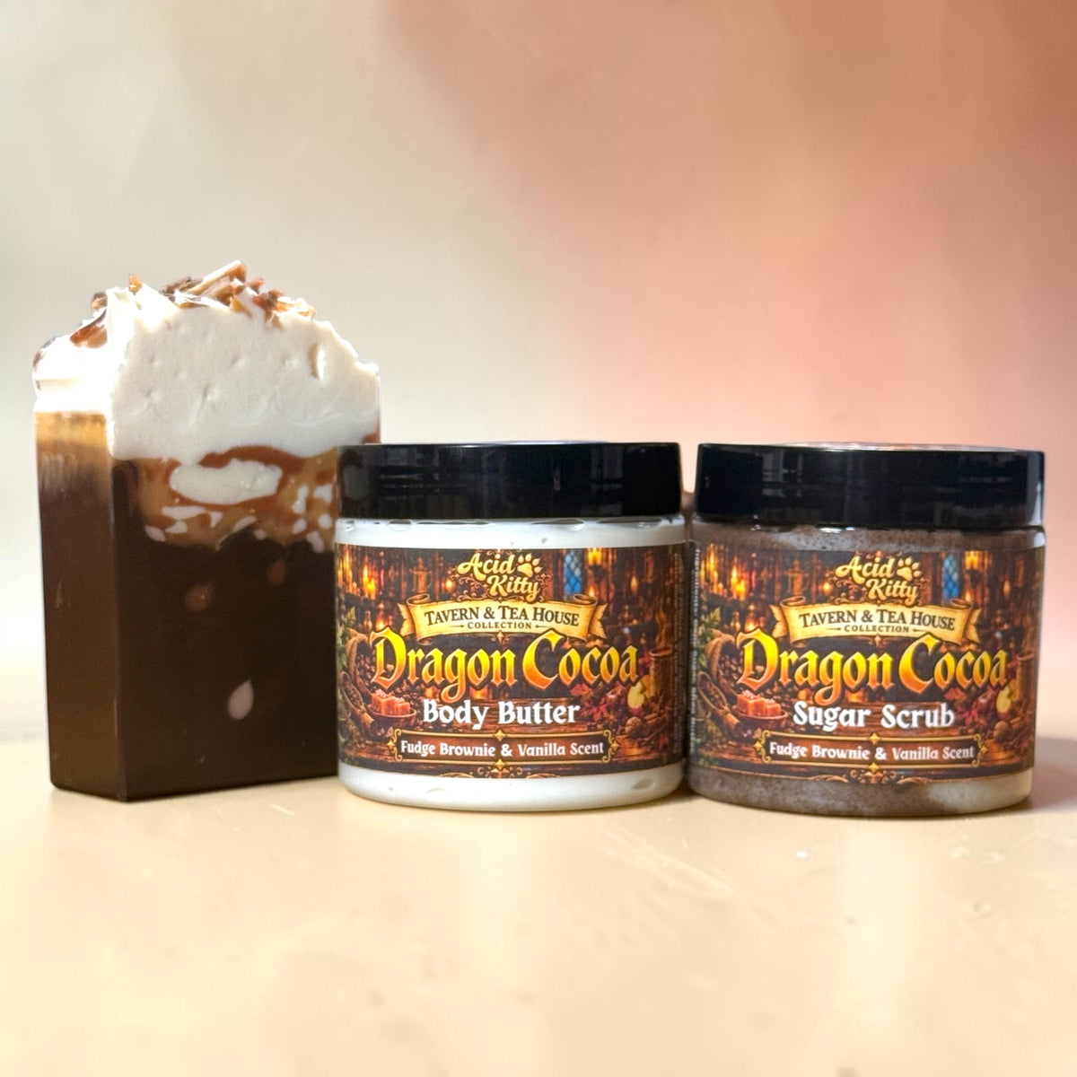 Dragon Cocoa Bundle | Fudge Brownie & Vanilla Scented Soap, Body Butter, & Sugar Scrub